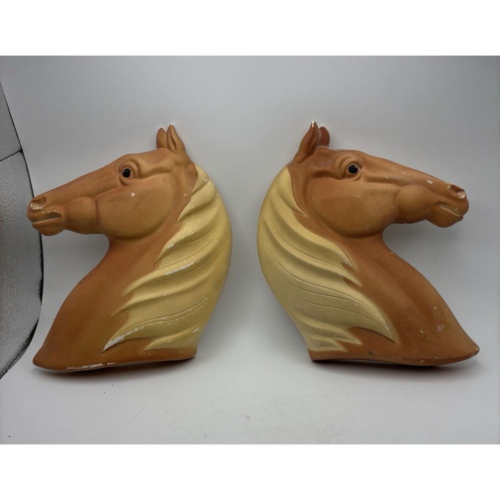Vintage Miller Studio Chalkware Horse Heads Western Equestrian Wall Hanging 1951